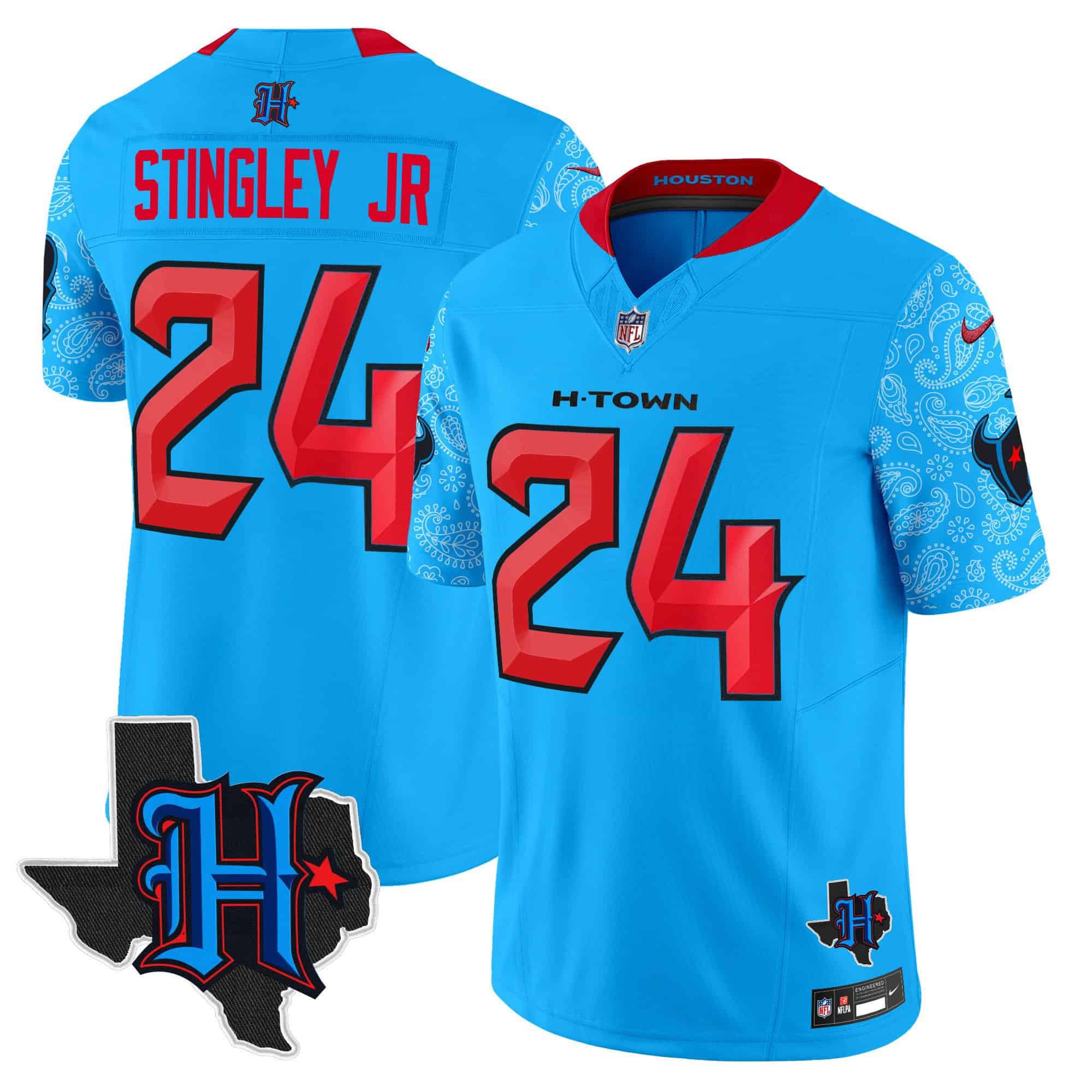 Men Houston Texans #24 Stingley jr Light Blue 2024 Nike Texas Patch Vapor Limited NFL Jersey